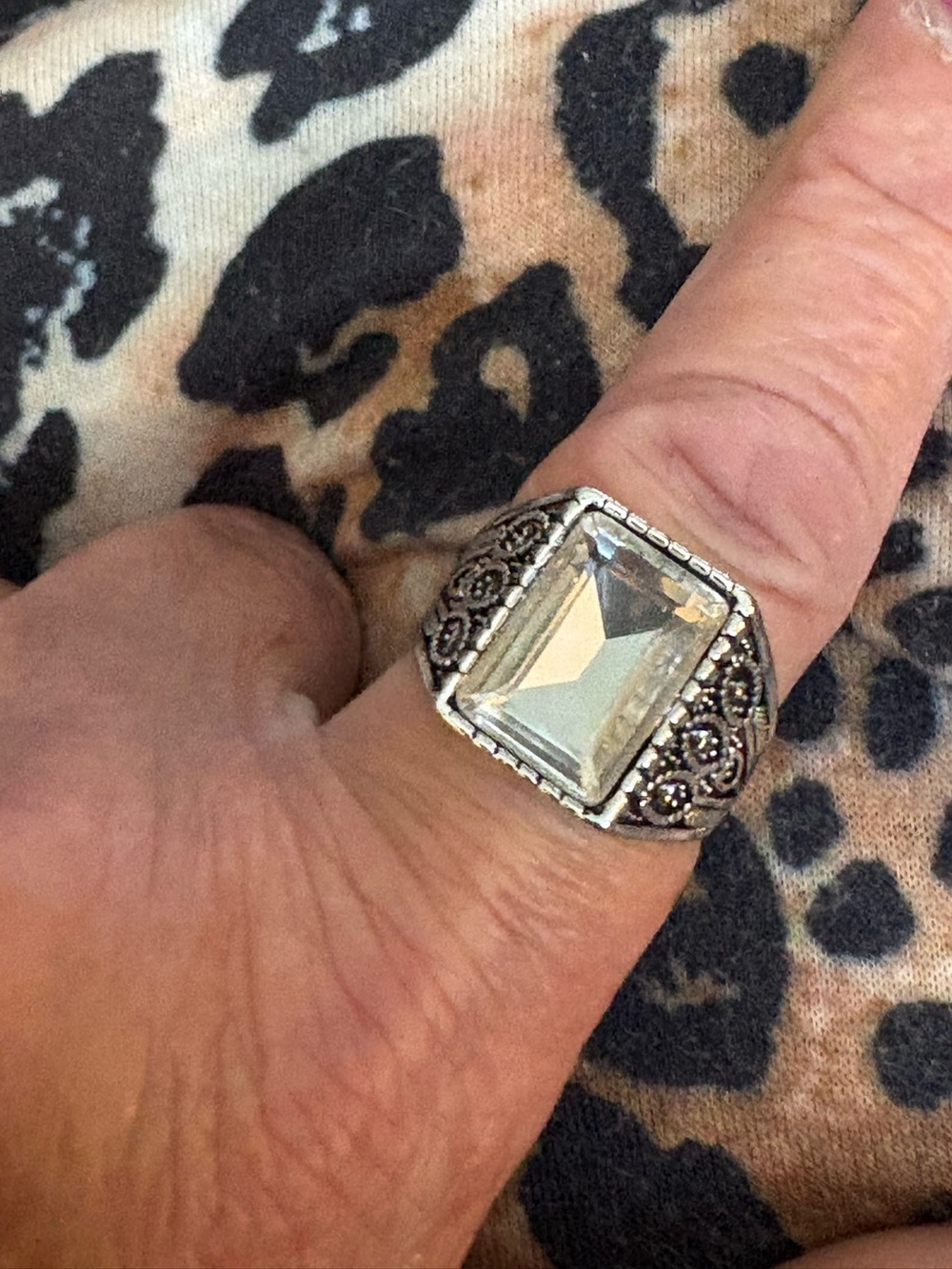 Ring- Size 10 Large Size white Stone Ring, Silver tone Ottoman Square Ring nwt